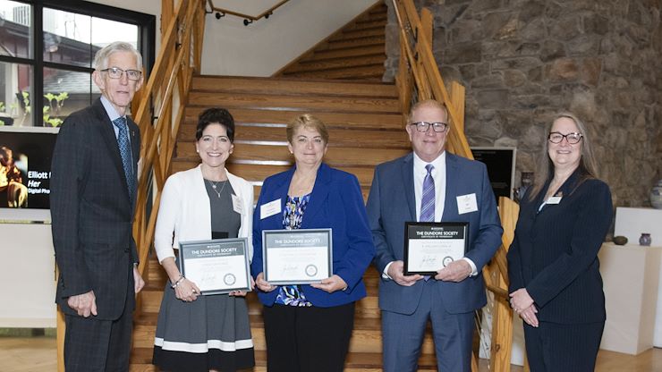 Montgomery County Community College Foundation recognizes and honors former Foundation volunteers through their induction into the Dundore Society, which was named after Dwight A. Dundore the first of the Foundation. From left: Joe Gallagher, current Foundation Chair; Linda Sanchez; Cynthia Diccianni; K. William Lowa, III; and Dr. Vicki Bastecki-Perez, MCCC President. Photo by Linda Johnson