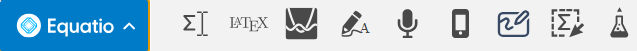 The Equatio logo. To the right of the logo is an I-beam cursor icon, an icon labelled "Latex," an Icon with two graphs, a pencil icon, a microphone icon, a smartphone icon, a whiteboard icon, a crop icon, and a flask icon.
