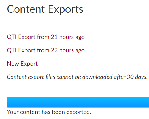 Content Exports Content Exports list with New Export highlighted