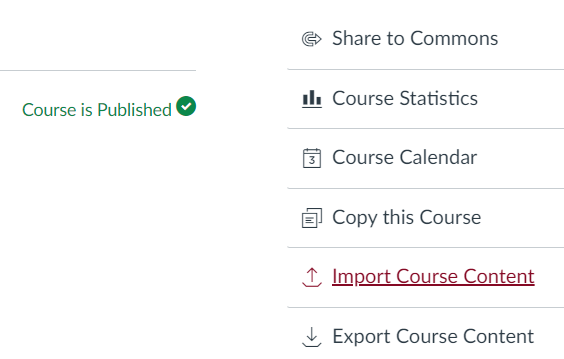 Import Course Content Content options menu with Import Course Content highlighted