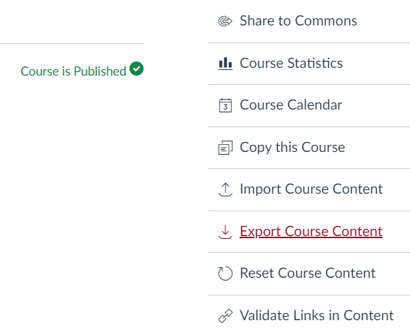 Course Content Options Content options menu with Export Course Content highlighted