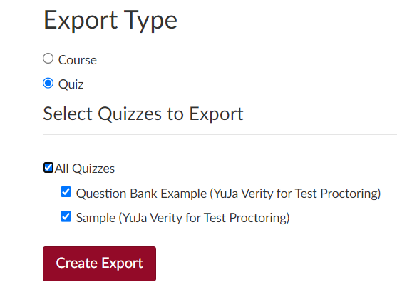 Export Settings Export settings with Quiz selected for Export Type and All Quizzes selected Quizzes to Export