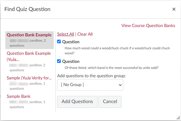 Find a Quiz Question Find Quiz Question pop-up window with the created question bank selected on the left side-bar, and all questions selected in the questions section.