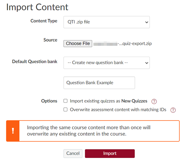 Import Settings Import settings with the following settings: QTI .zip file as Content type. The quiz export.zip file as the Source. Create new question bank as the Default Question bank. Example name in the Question bank name field. And there are no options selected for Options