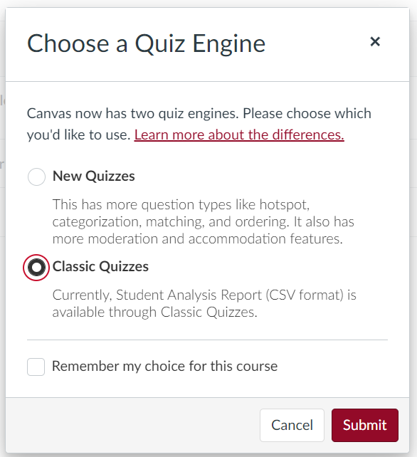 Quiz Engine Selection Selection of the Canvas Quiz Engine with Classic Quizzes selected