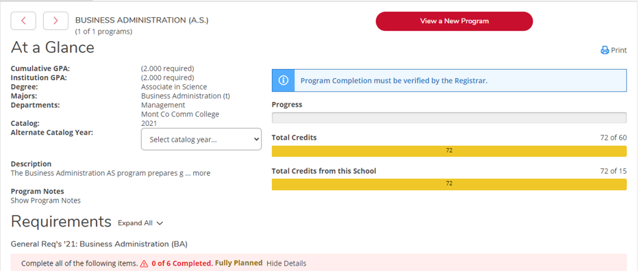 The At a Glance section of the My Progress page.