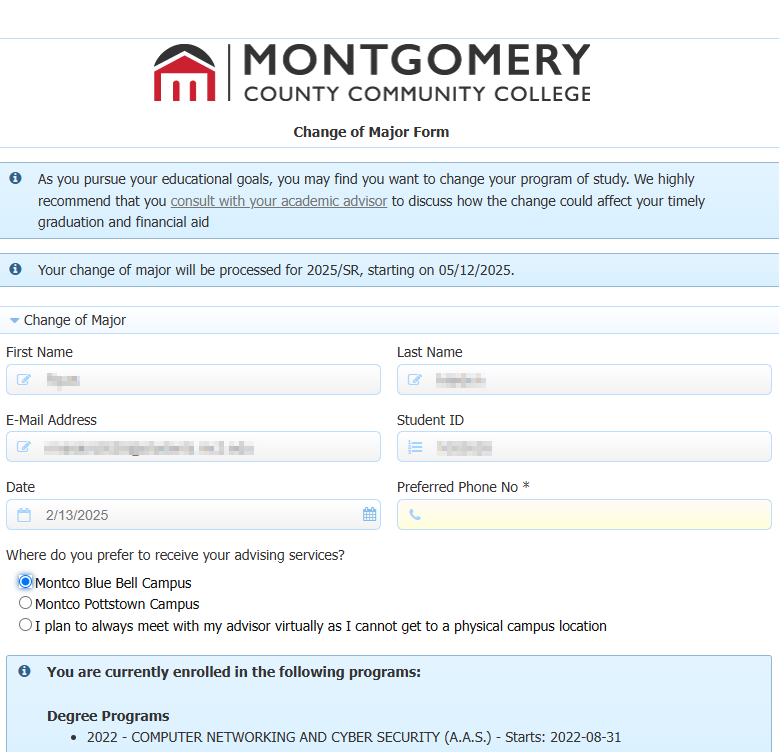 The first section of the change of major form where the student's info and the date is prepopulated, with the phone number field blank. There is also an option available for where the user likes to do their advising appointments