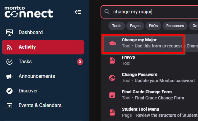 Change my Major in the Montco Connect search bar. The change my major option is highlighted in the search menu.