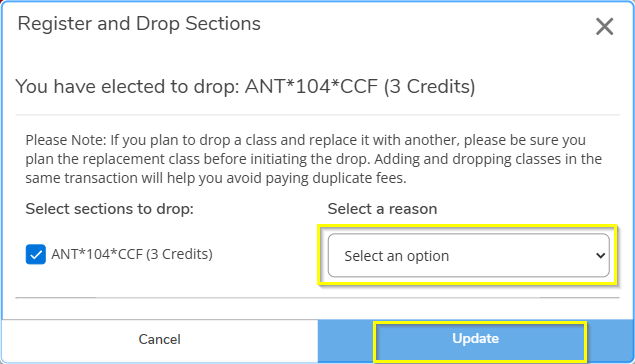 Register and drop popup window with a drop reason dropdown menu and theupdate button highlighted.