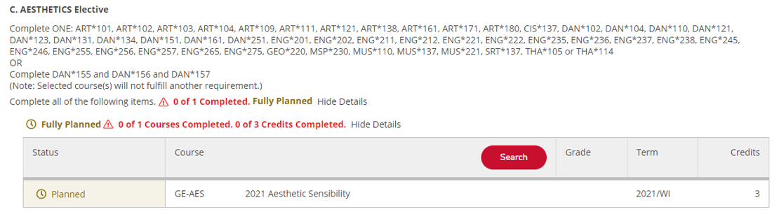 An Aesthetics elective requirement with a list of courses that would meet the requirement.
