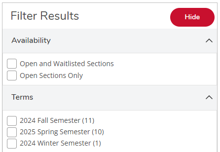 The Filter Results pane showing the checkboxes for the availability filter as well as the terms filter.