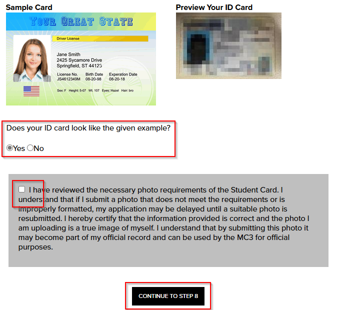 The preview of the ID submission. The confirmation, checkbox, and continue to step 8 are highlighted.