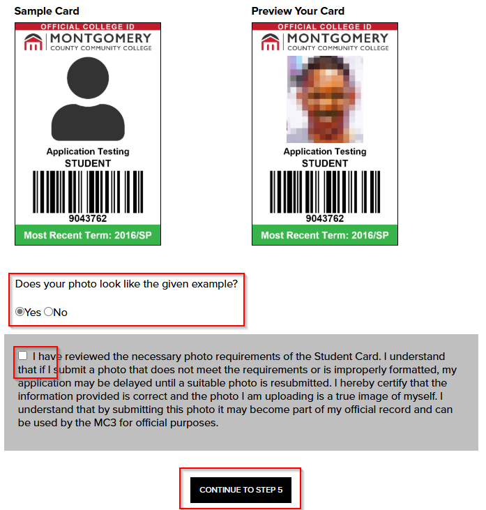 The preview of the ID card. The confirmation, checkbox, and continue to step 5 are highlighted.