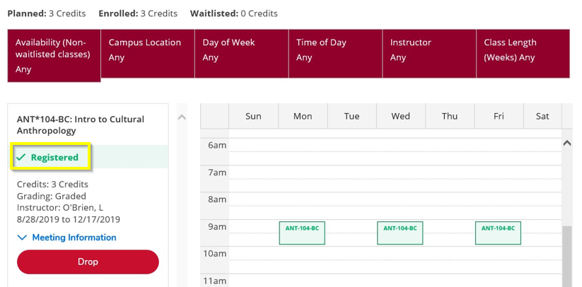 The course on the schedule with a registered label.
