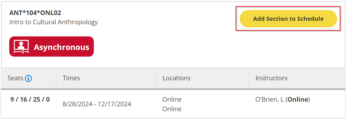 Section card with the add section to schedule button highlighted