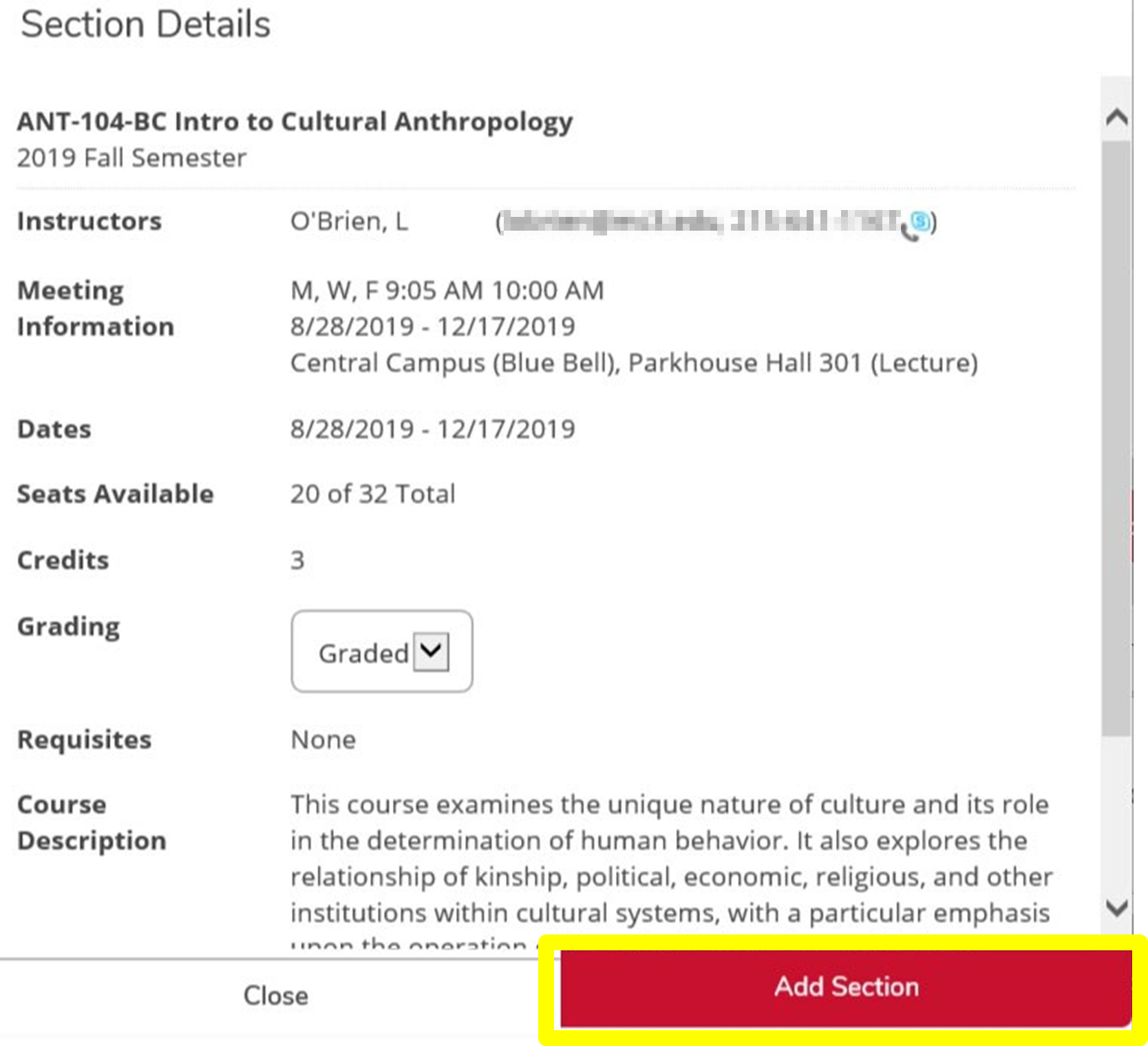 The section details window with the grading dropdown and the add section button highlighted. 