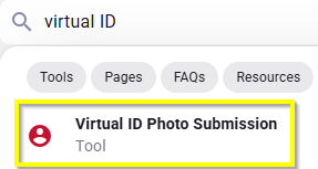Searching in Connect for the Virtual ID photo submission tool.
