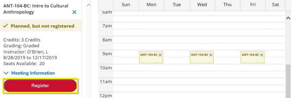 The course on the schedule with the register button highlighted.