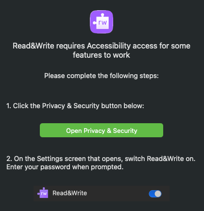 Mac Privacy and Security Prompt The privacy and security pop up window with instructions on how to enable permissions.