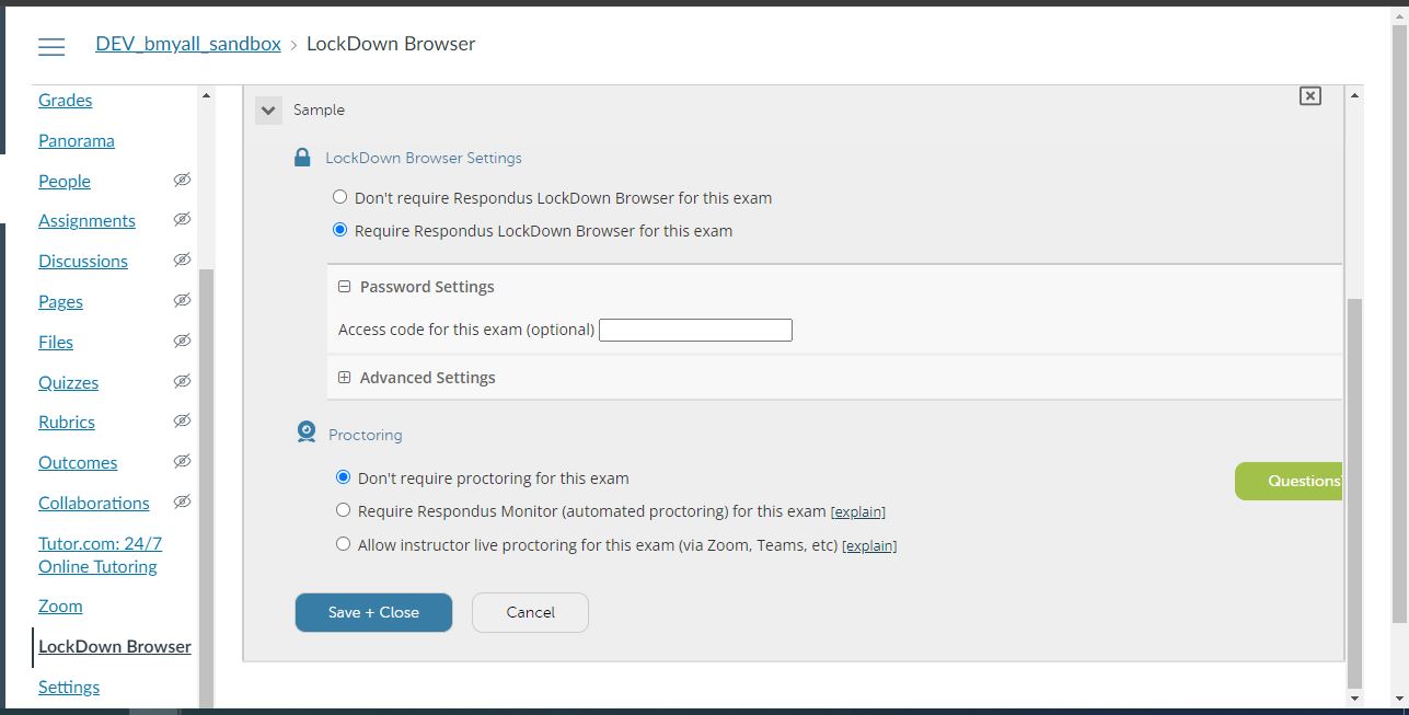 image showing the test selected and the options for the respondus lockdown browser 