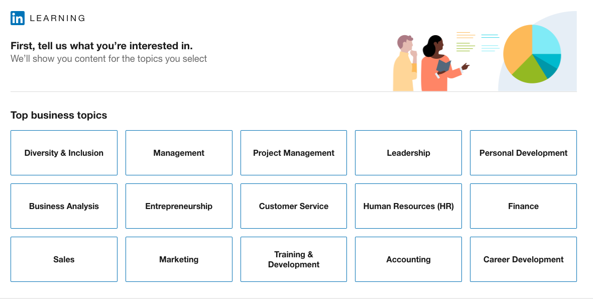 Linkedin Learning Categories A grid detailing the different categories of videos available through Linkedin Learning.