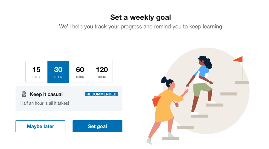 Linkedin Learning Weekly Goals Option to set weekly learning goals by time and other factors when setting up Linkedin Learning.