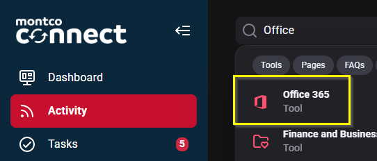 Searching for office in the Connect search bar