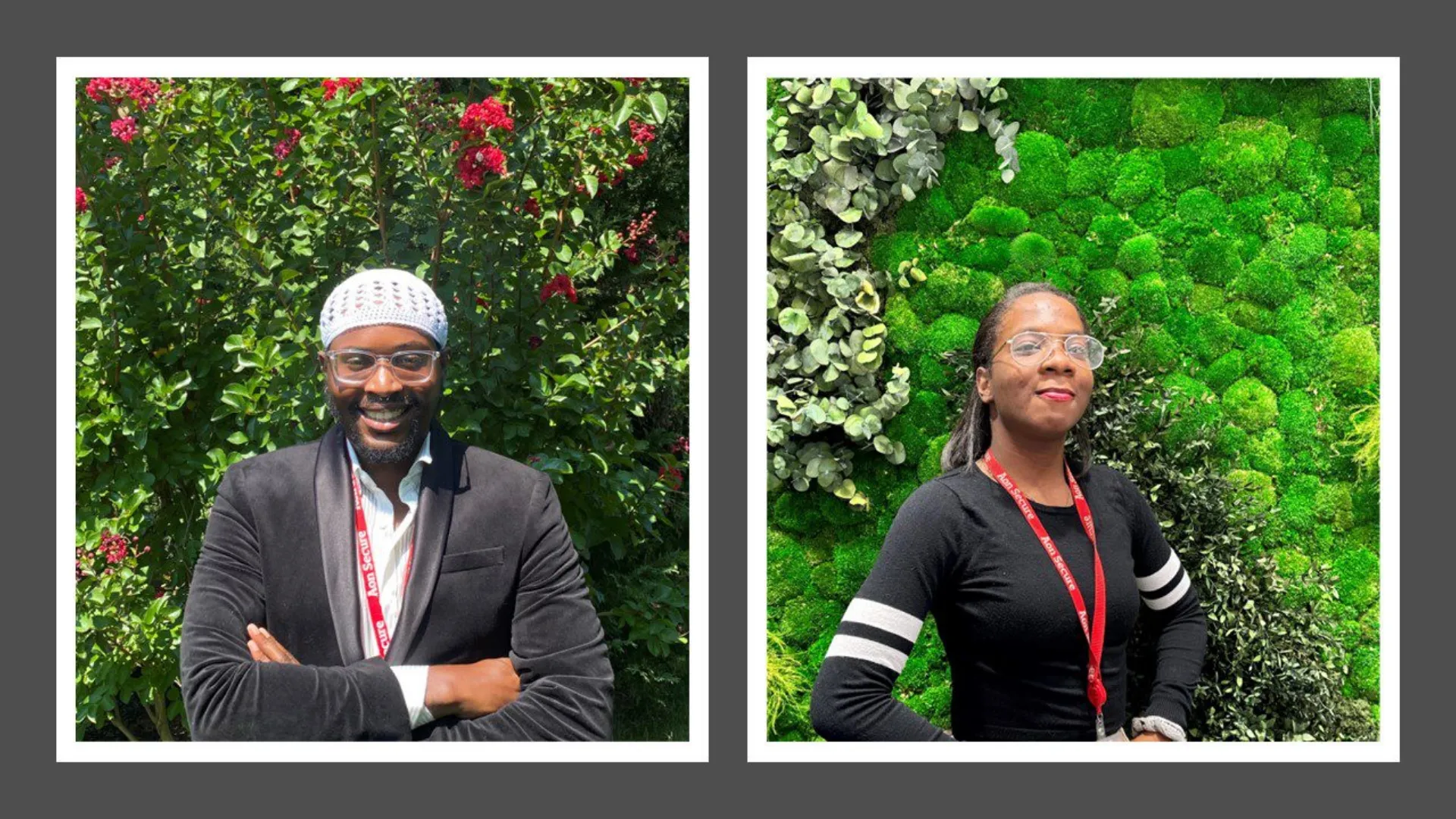 a couple of people standing in front of some plants