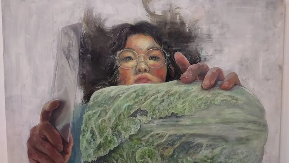 a painting of a woman hiding behind a rock