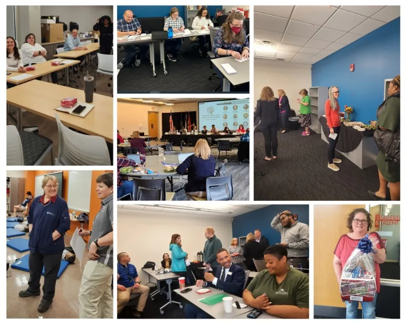 a collage of photos of people in a classroom