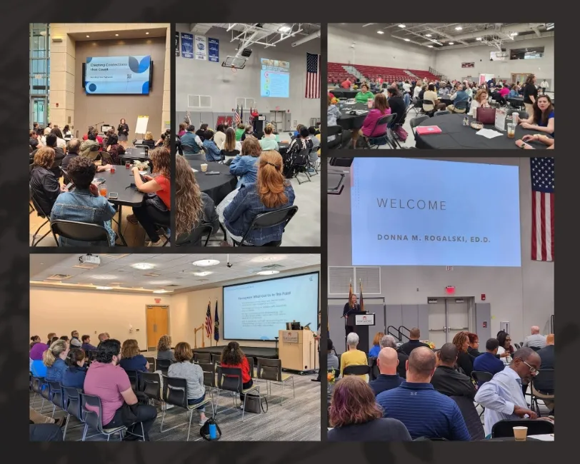 a collage of photos of people attending a conference