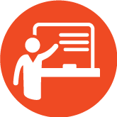 Graphic icon of teacher pointing at a board with writing on it