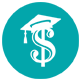 Teal circle icon with white graduation cap sitting on top of a white dollar sign 