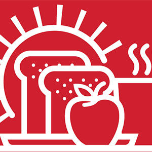 Icons of sun, bread, apple and coffee cup on red background
