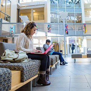 Student sitting in Parkhouse atrium working on laptop