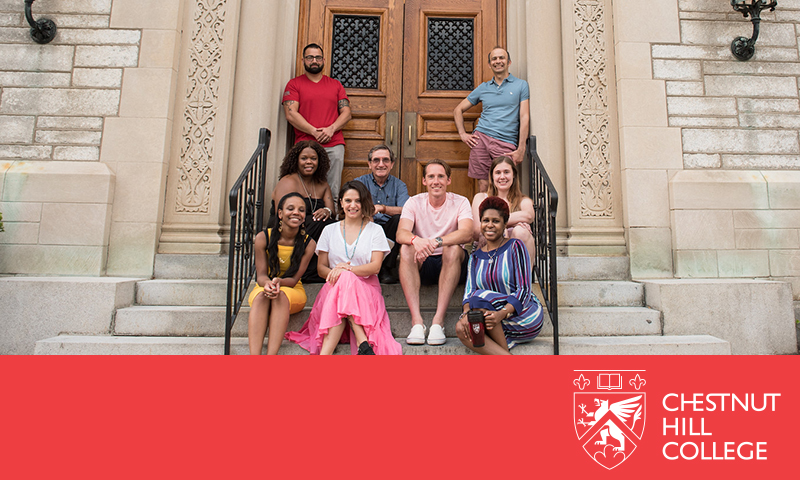 Individuals on building steps - red banner with Chestnut Hill logo
