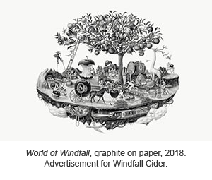 World of Windfall, graphite on paper, 2018. Advertisement for Windfall Cider.