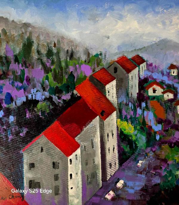 "Red Roof Houses" Artwork by Alice Chung, acrylic on canvas, 2019