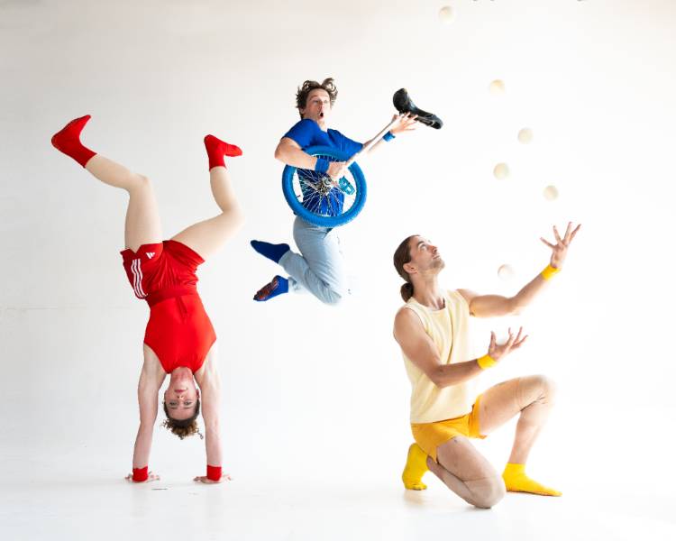 Three Acrobats in mid performance of their act