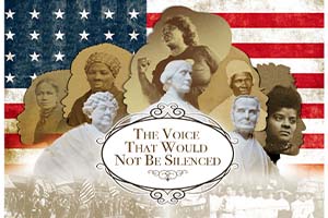 The Voice That Would Not Be Silenced graphic featuring notable women in history
