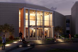 Rendering of the renovated theatre entrance facing the Quad
