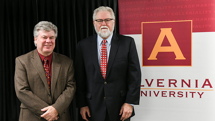 MCCC President Dr. Kevin Pollock (left) and Alvernia Provost Jerry Greiner announce the new partnership.