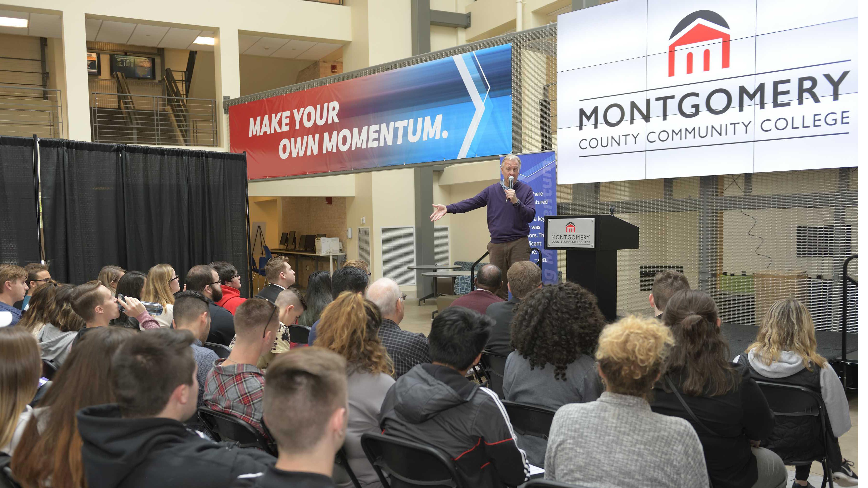 Keynote speaker CEO Richard Thompson shares his experiences as an entrepreneur with Montco students and visitors at the launch of the next round of the Karen A. Stout Start-up Accelerator Fund Competition on Oct. 16.