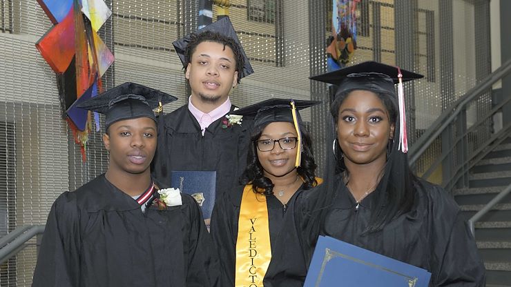 Winston Downing, Jr., of Cheltenham School District; Scott Montague, II, and Deasia Parter, both of Wissahickon School District; and Shanya Ford of Pottsgrove School District successfully completed their high school graduation requirements through the Gateway to College program at Montgomery County Community College. Photo by David DeBalko