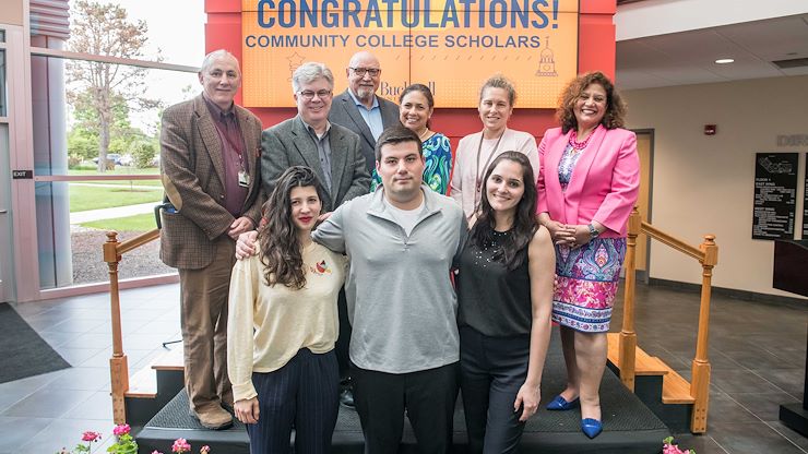 Front row, from left: Students Asteri Aliaj, Connor Judge and Caroline Benitz (Shane Staret is missing from the photo). Back row, from left: MCCC Geography Assistant Professor Wayne Brew, MCCC President Dr. Kevin Pollock, MCCC Board of Trustees Chair Frank X. Custer, MCCC Board of Trustee Member Varsovia Fernandez, MCCC Assistant Professor/Counselor Kristin Fulmer and Bucknell University Associate Dean of Admissions/Director of Partnerships Caro Mercado. Photo by Matthew Wright