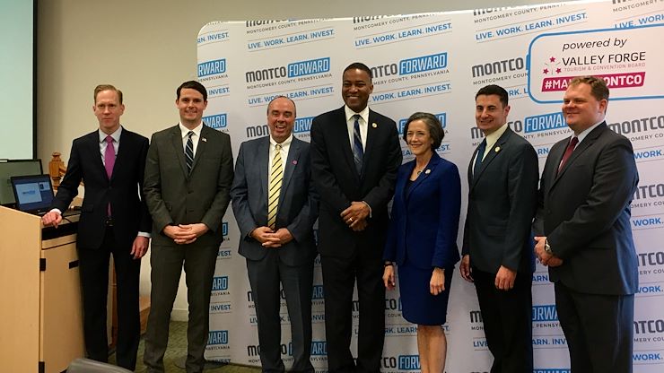 Montgomery County government, business and tourism officials met at Montgomery County Community College on May 3 to roll out an expanded MontcoForward economic development initiative. From left: Lee Soltysiak, Montgomery County chief operating officer; Ed Harris, chief marketing officer for the Valley Forge Convention and Tourism Board; Mike Bowman, president and CEO for the Valley Forge Convention and Tourism Board; Montgomery County Commissioners Kenneth Lawrence Jr., Valerie Arkoosh and Joseph Gale; and David Zellers, Montgomery County director of Commerce.