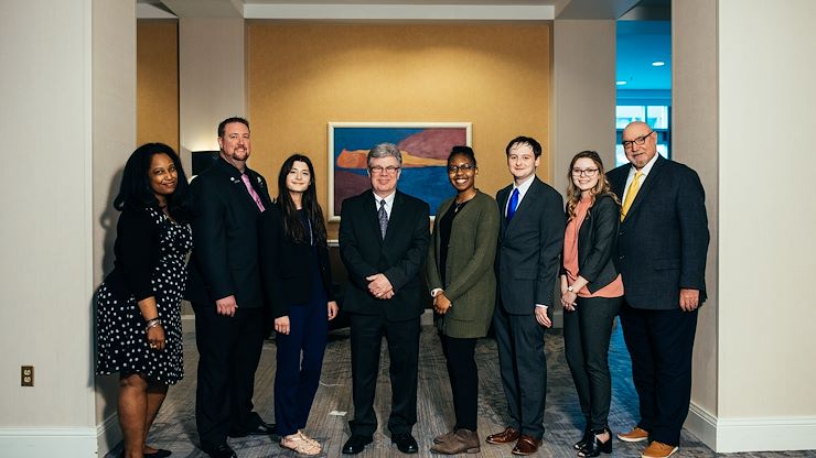 Five MCCC students were among 47 community college students in the state selected for the All-Pennsylvania Academic/Workforce Scholars awards by the Pennsylvania Commission for Community Colleges. From left: MCCC Board of Trustee member Anisha Robinson Keeys, student Barry Hunsberger, student Katherine Araya, MCCC President Dr. Kevin Pollock, student Ezinne Ottih, student Zachary Perales, student Kaitlyn Stewart and MCCC Board of Trustee Chair Frank X. Custer.