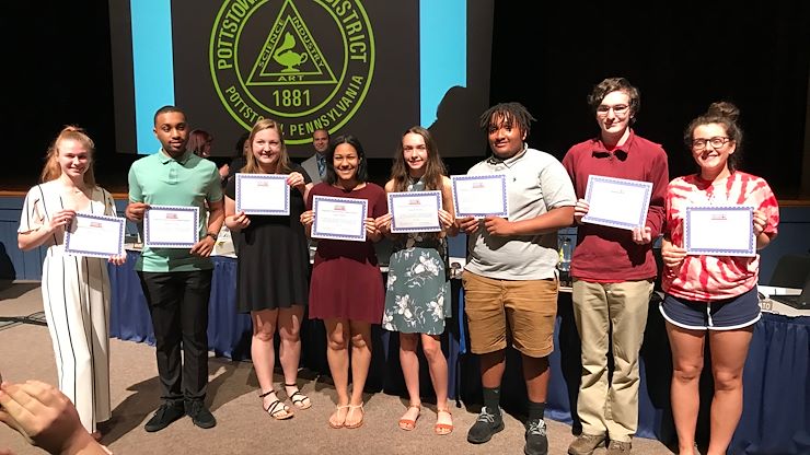 Through the Pottstown Promise Early College Program, Pottstown high school students can earn up to 30 college credits at Montgomery County Community College by the time they complete their senior year. The graduating seniors for 2018-19 are (from left) Elsie Cannel, Jahyre Graves, Jennifer Hainsey, Aubrey Miller, Hannah Shankle, Destyn Snyder, Dylan Thorne and Julianna Roseo (not pictured, Jayla Holloway).