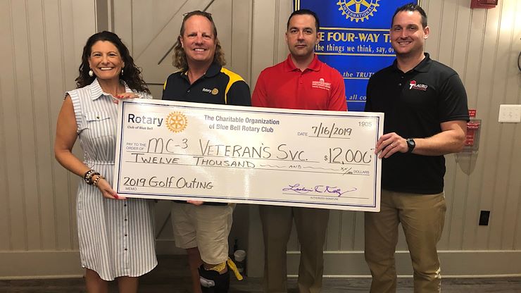 The Rotary Club of Blue Bell raised $12,000 for Montgomery County Community College’s student veterans at its recent 10th Annual Golf Outing. From left: Dana Santangelo, Germantown Title Company (event sponsor); David Heins, Rotary Club of Blue Bell; Matthew Benko, MCCC Manager of Veterans Services; and Nick Lauro, Lauro Painting (event sponsor).