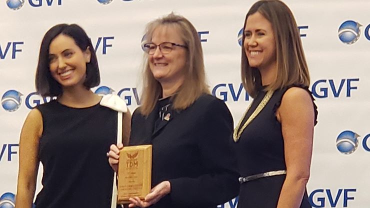 Montgomery County Community College's Interim President and Provost Dr. Victoria Bastecki-Perez receives the Diamond award on behalf of MCCC from Greater Valley Forge Transportation Management for its commitment to programs that help alleviate traffic congestion.